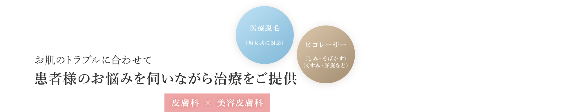 お肌のトラブルに寄り添い患者様のお悩みに添った治療をご提供 皮膚科 × 美容皮膚科 医療脱毛（男女共に対応）ピコレーザー（しみ・そばかす）（くすみ・肝斑など）